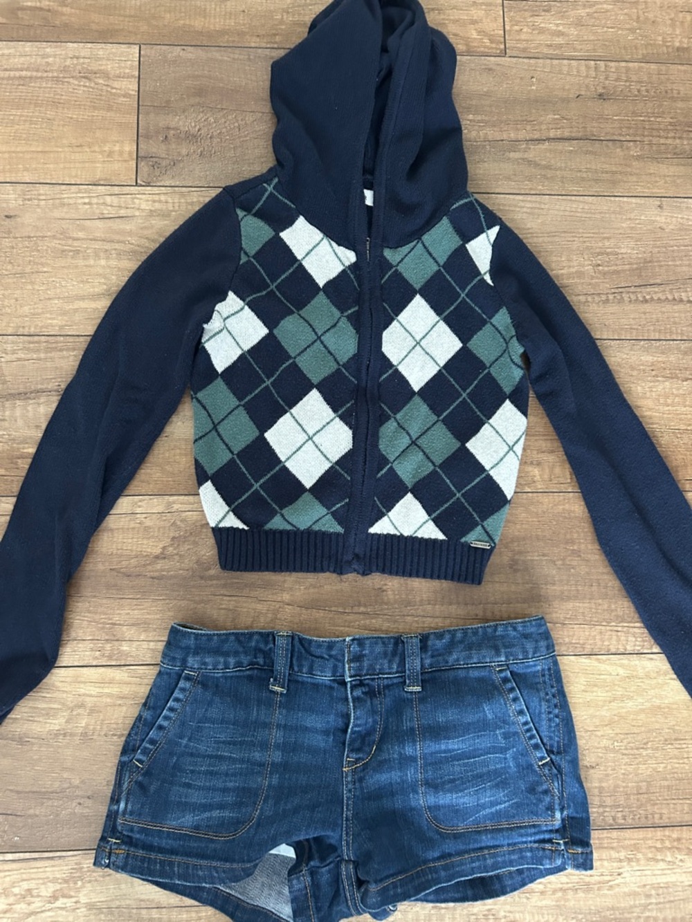 Hollister Navy Argyle Zip Hoodie Crop Top